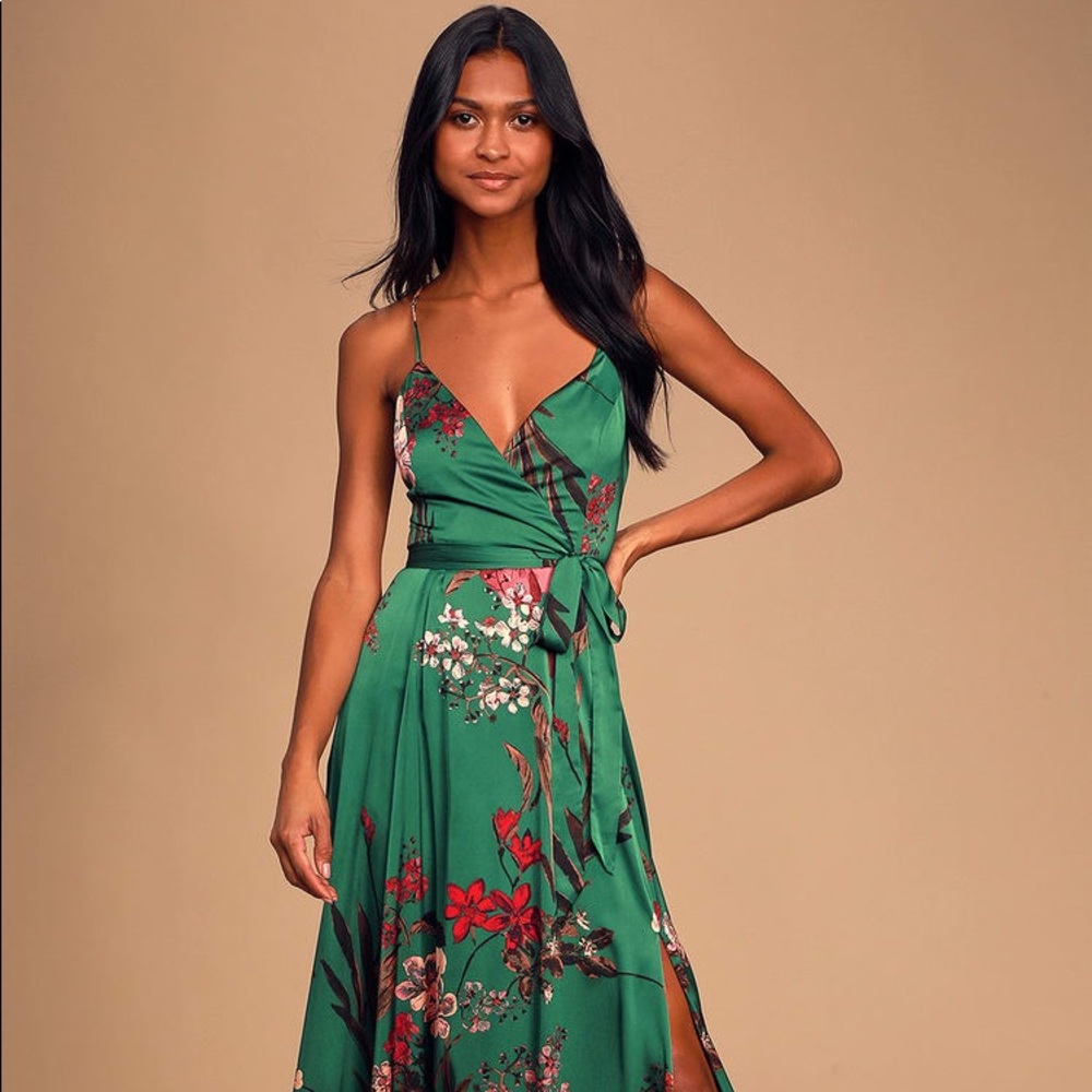 Emerald Green floral print satin maxi dress